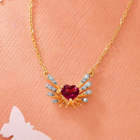 Heart & Wings 14KT Gold, Diamond & Pink Garnet Necklace