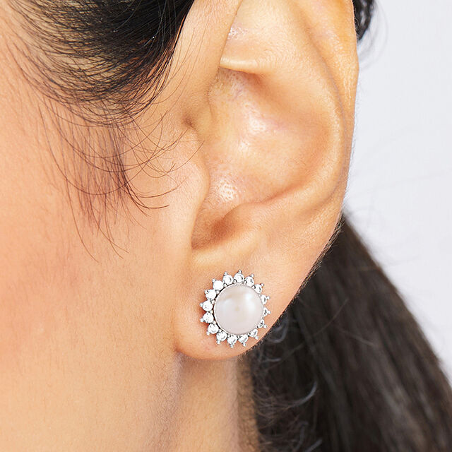 Shimmering Pearl Silver Stud Earrings,,hi-res image number null