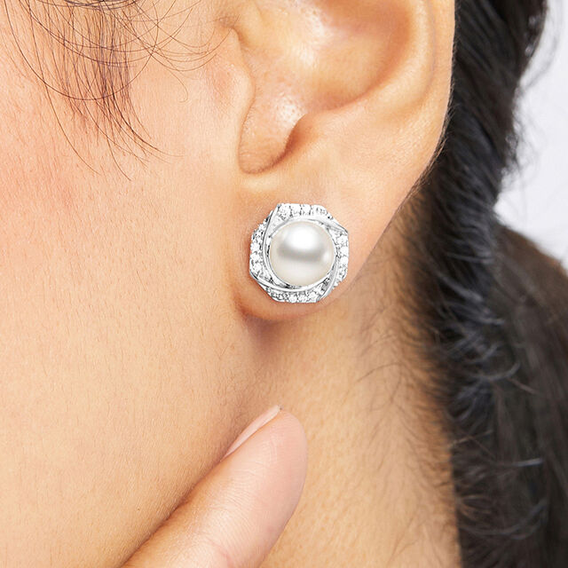 Hexagonal Pearl Silver Stud Earrings,,hi-res image number null