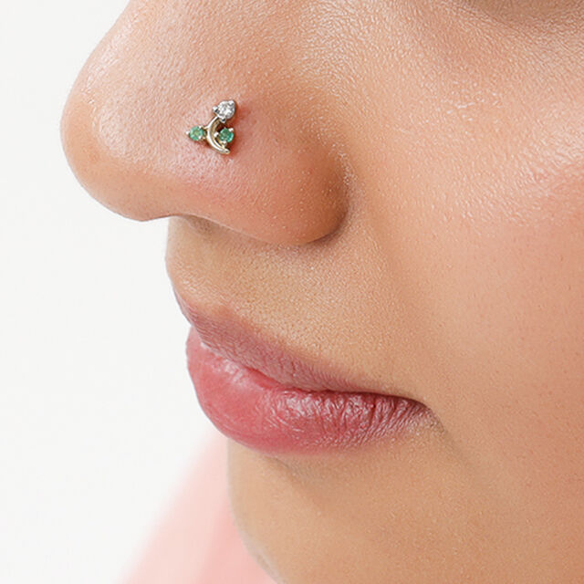 14KT Yellow Gold Blooming Beauty Diamond and Emerald Nose pin,,hi-res view 1