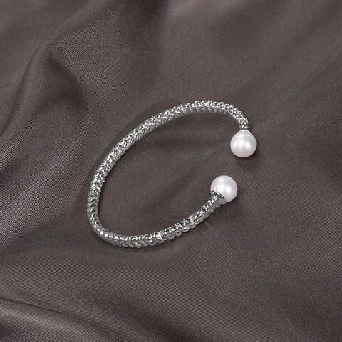 Chic Braided Pearl Silver Bangle