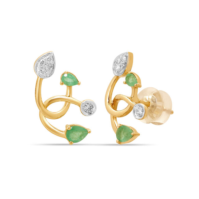 14KT Yellow Gold Flowy Emerald And Diamond Stud Earrings,,hi-res view 3
