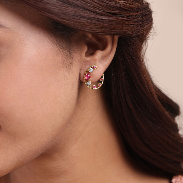 Regal Sparkle 14KT Diamond and Ruby  Hoop Earrings,,hi-res view 2
