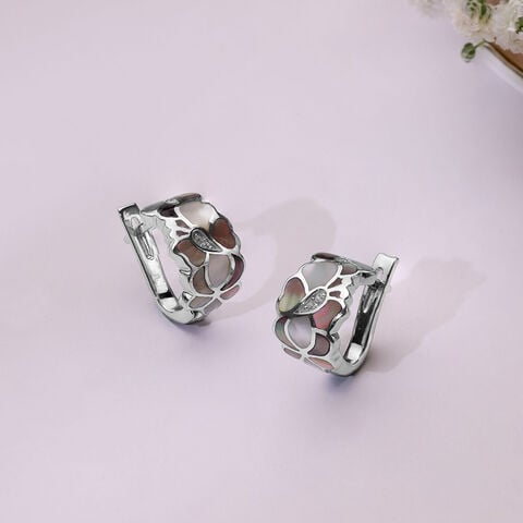 Mother of Pearl Blossom Silver Hoop Earrings