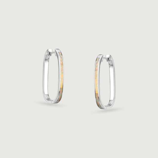 Sleek Luminous Opal Silver Hoop Earrings,,hi-res image number null
