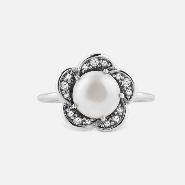 Glided Blossom Pearl Silver Finger Ring,,hi-res image number null