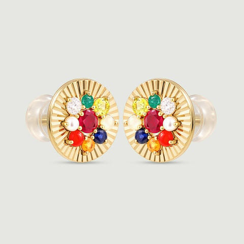 Radiant Navaratna Diamond Stud Earrings