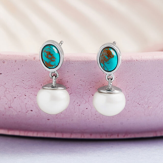 Turquoise Pearl Silver Drop Earrings,,hi-res image number null