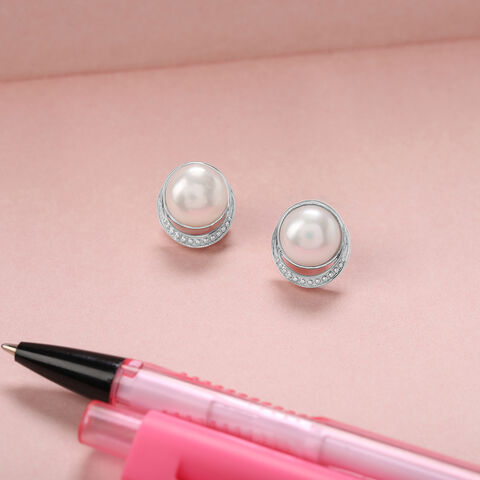 Glistening Pearl Silver Stud Earrings