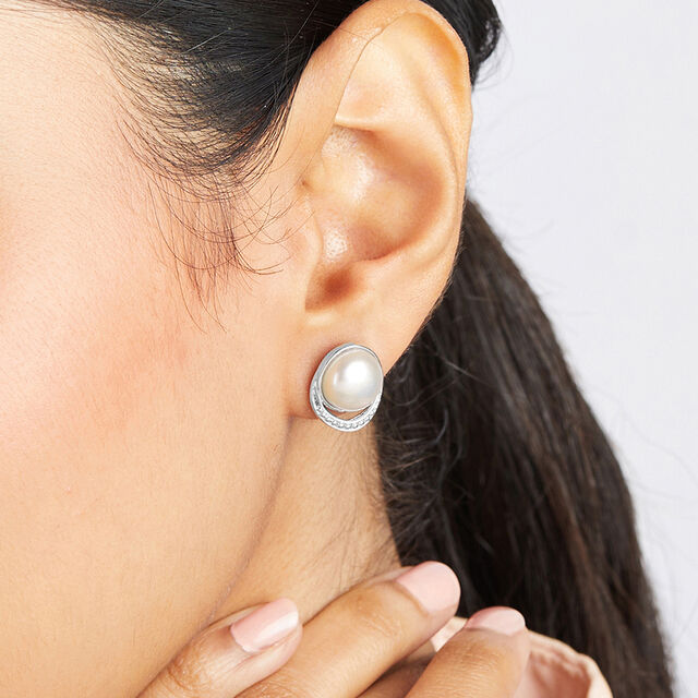 Glistening Pearl Silver Stud Earrings,,hi-res image number null