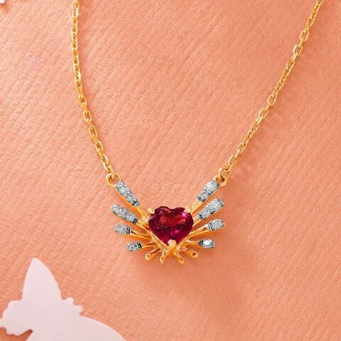 Heart & Wings 14KT Gold, Diamond & Pink Garnet Necklace