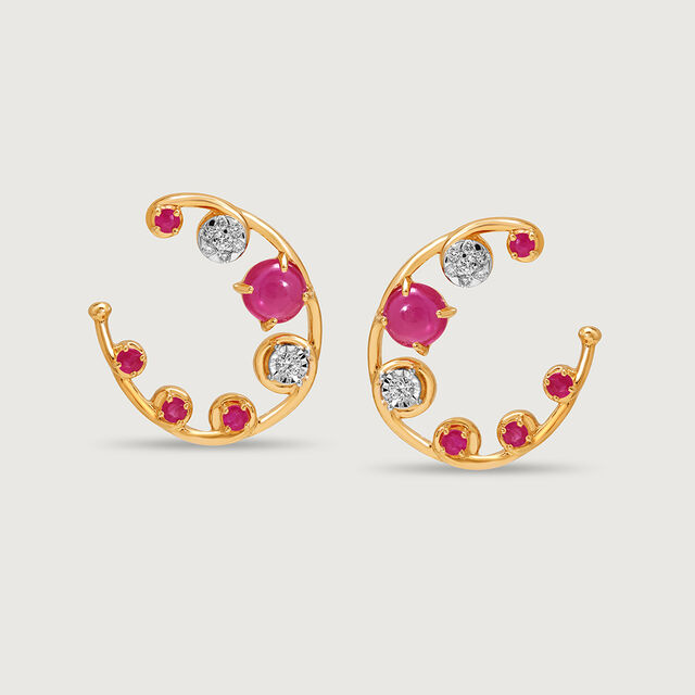 Regal Sparkle 14KT Diamond and Ruby  Hoop Earrings,,hi-res view 3
