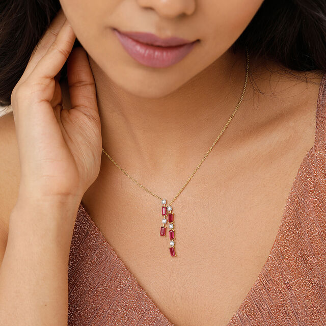 Sparkling Baguettes 14KT Ruby & Diamond Necklace,,hi-res image number null