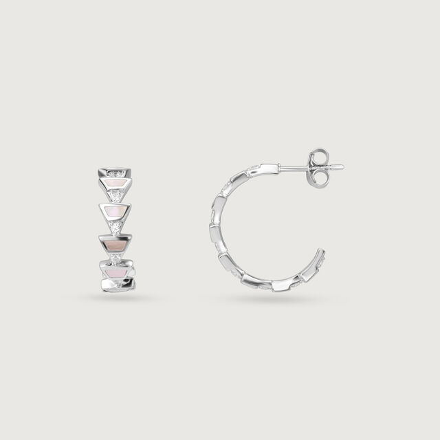 Playful Geometric Mother of Pearl Silver Hoop Earrings,,hi-res image number null