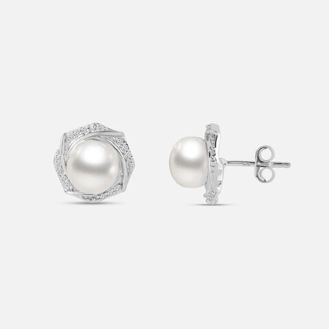 Hexagonal Pearl Silver Stud Earrings