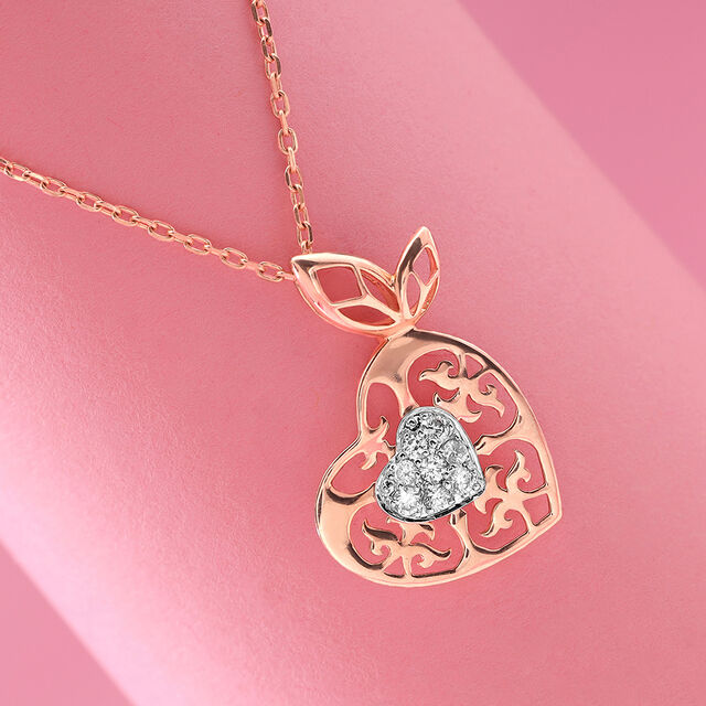 Dazzling Heart 14KT Rose White Gold Diamond Pendant with Chain