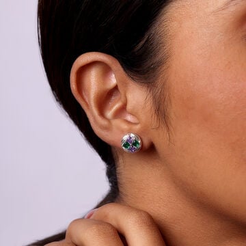 Geometric Emerald Enigma Silver Stud Earrings