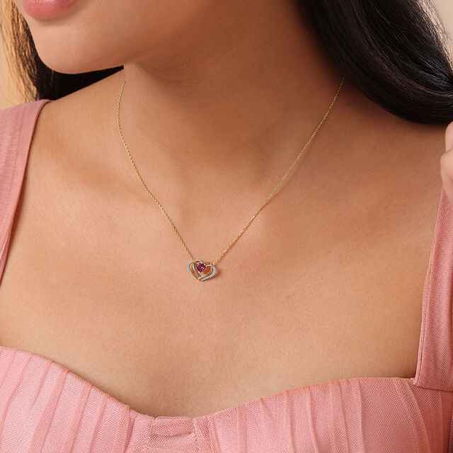 Interconnected Heart 14KT Gold Diamond & Pink Garnet Pendant & Chain,,hi-res image number null