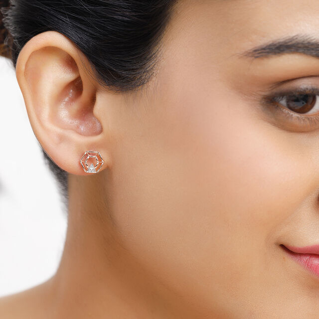 14KT Rose Gold Duo Hexagonal Dazzling Diamond Stud Earring,,hi-res image number null