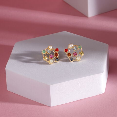 Navratna Nouveau 14KT Stud Earrings