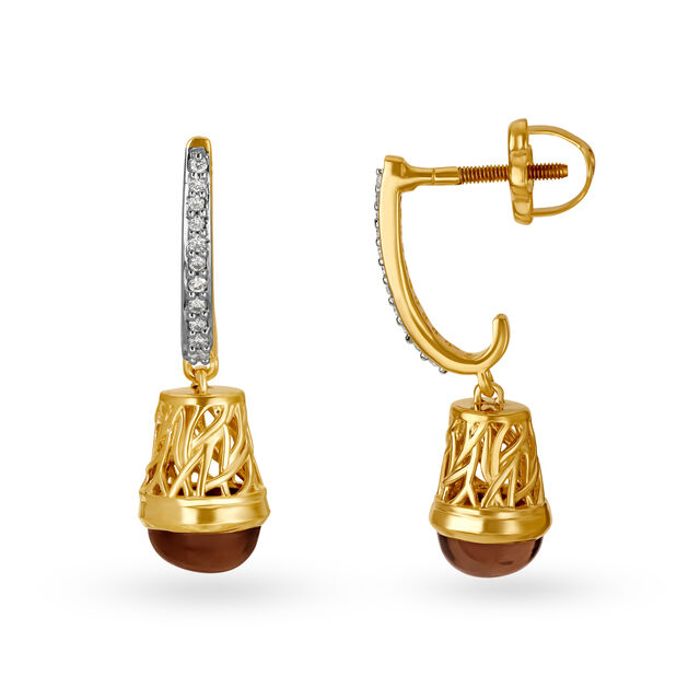 14KT Yellow Gold Quartz And Diamond Drop Earrings With Stylised Cone Design And Openwork,,hi-res image number null