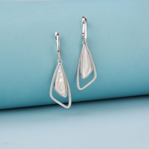 Mother of Pearl Abstract Silver Hoop Earrings
