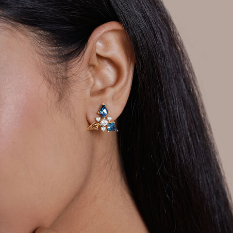 Geometric Blue Topaz Gold Stud Earrings