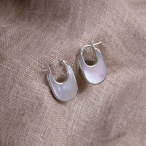 Soft Contemporary Mother of Pearl Silver Hoop Earrings