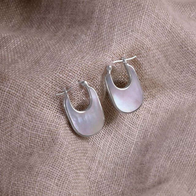 Soft Contemporary Mother of Pearl Silver Hoop Earrings,,hi-res image number null