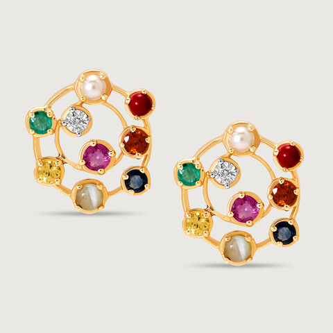Navratna Nouveau 14KT Stud Earrings