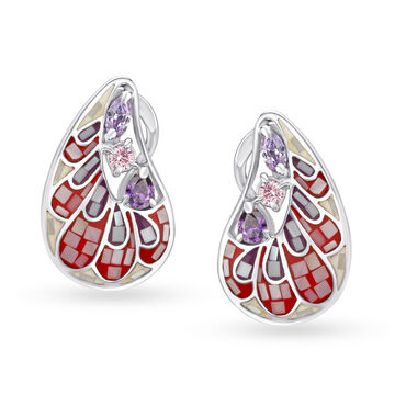 Silver Stud Earrings For Women In Multi-Coloured Open Polki Design With French Back Closure