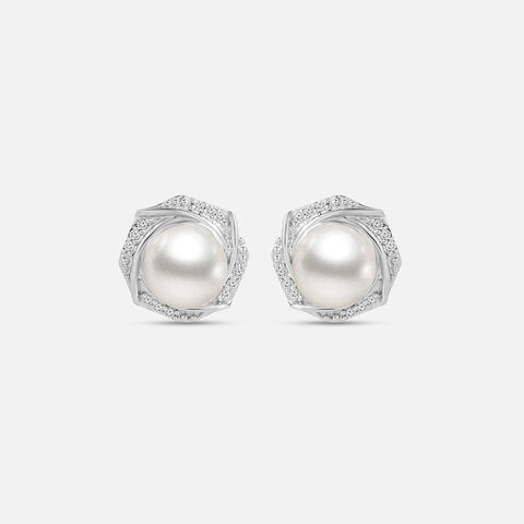 Hexagonal Pearl Silver Stud Earrings