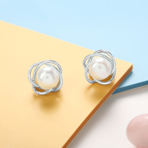 Spiral Pearl Silver Stud Earrings