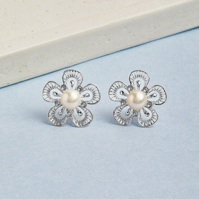 Timeless Pearl Silver Stud Earrings,,hi-res image number null