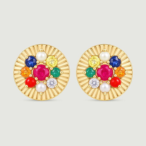Radiant Navaratna Diamond Stud Earrings