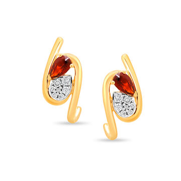 14 KT Yellow Gold Toi et Moi Diamond and Red Garnet Hoop Earrings