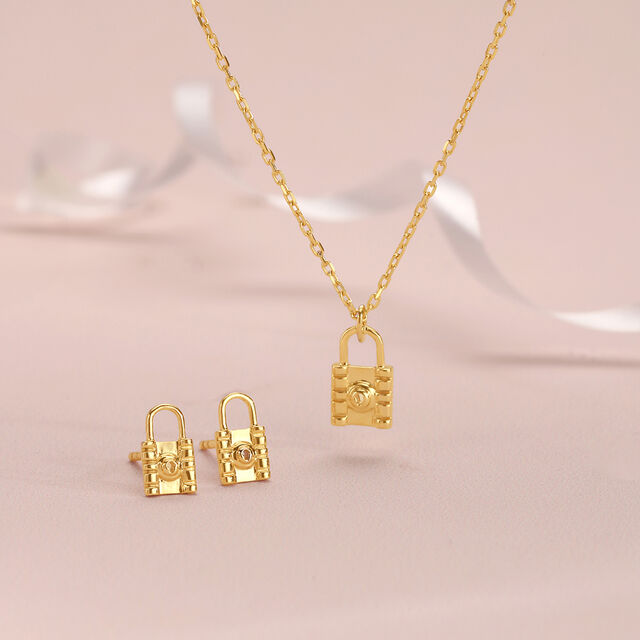 Lock Charm 14 Kt Gold Necklace Set,,hi-res image number null