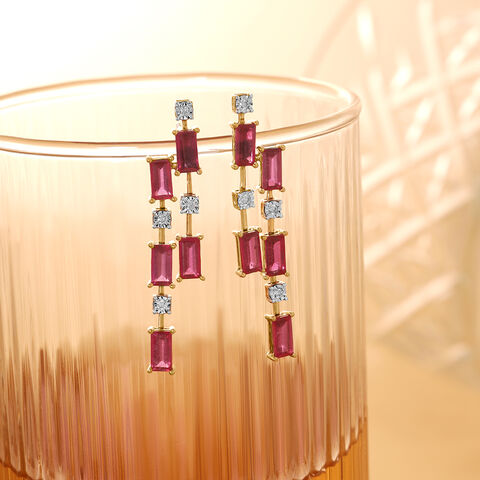 Sparkling Baguettes 14KT Ruby & Diamond Drop Earrings