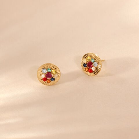 Radiant Navaratna Diamond Stud Earrings