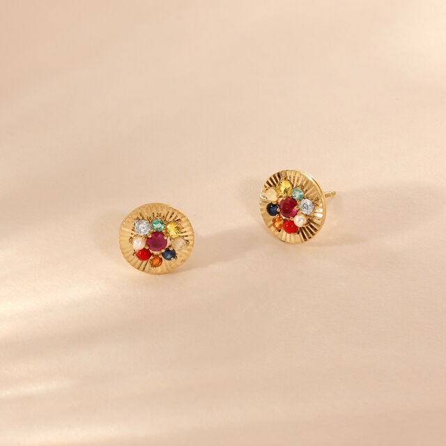 Radiant Navaratna Diamond Stud Earrings,,hi-res image number null