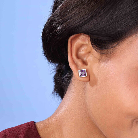 Vivid Geometric Amethyst Silver Stud Earrings