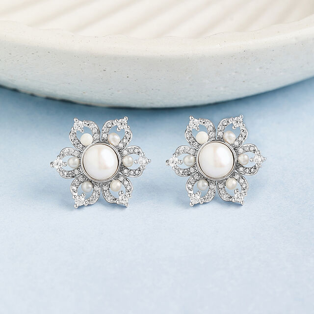Delightful Pearl Silver Stud Earrings,,hi-res image number null