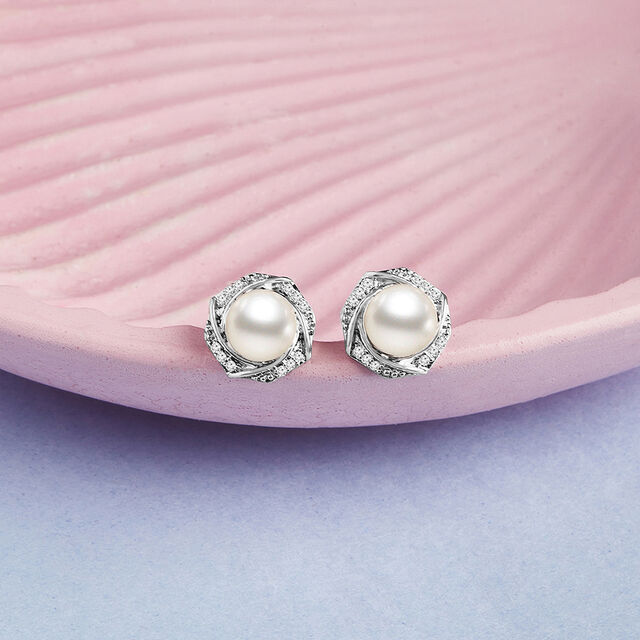 Hexagonal Pearl Silver Stud Earrings,,hi-res image number null
