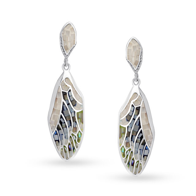 Silver Earrings For Women In Dragonfly Wing Design Embellished With Multi-Coloured Mother Of Pearls,,hi-res view 1