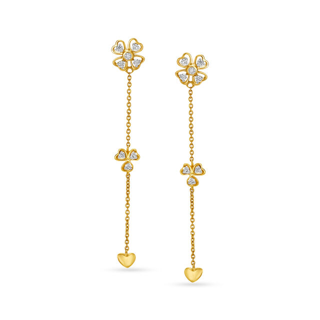 14KT Yellow Gold Diamond Drop Earrings With Floral Design,,hi-res view 1
