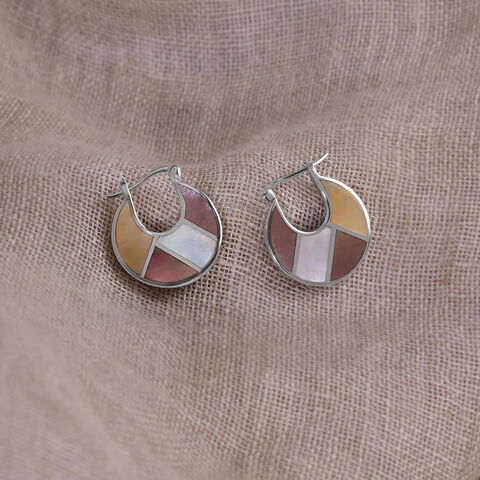Intricate Radiant Mother of Pearl Silver Hoop Earrings