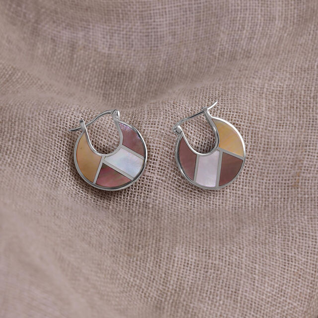 Intricate Radiant Mother of Pearl Silver Hoop Earrings,,hi-res image number null