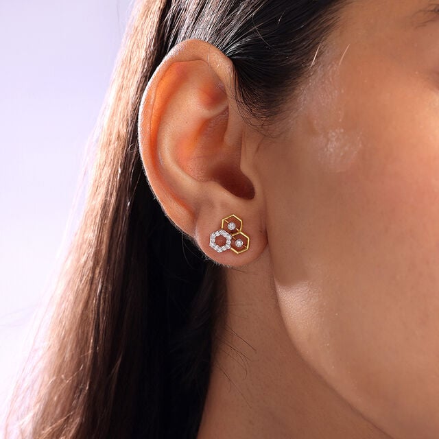 Geometric Honeycomb Gold & Diamond Stud Earrings,,hi-res image number null
