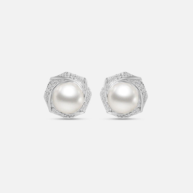 Hexagonal Pearl Silver Stud Earrings,,hi-res image number null