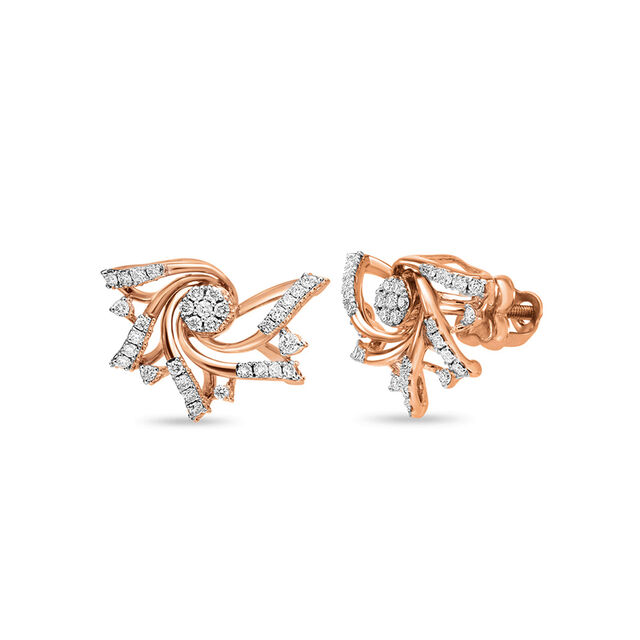 14 KT Rose Gold Floral Stud Earrings With Studded Diamonds,,hi-res view 2